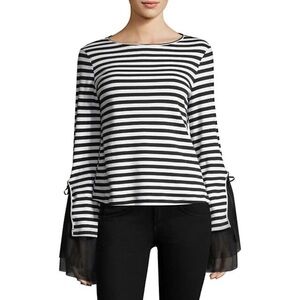 Scripted Cotton Striped Long Tulle Bell Sleeve Top